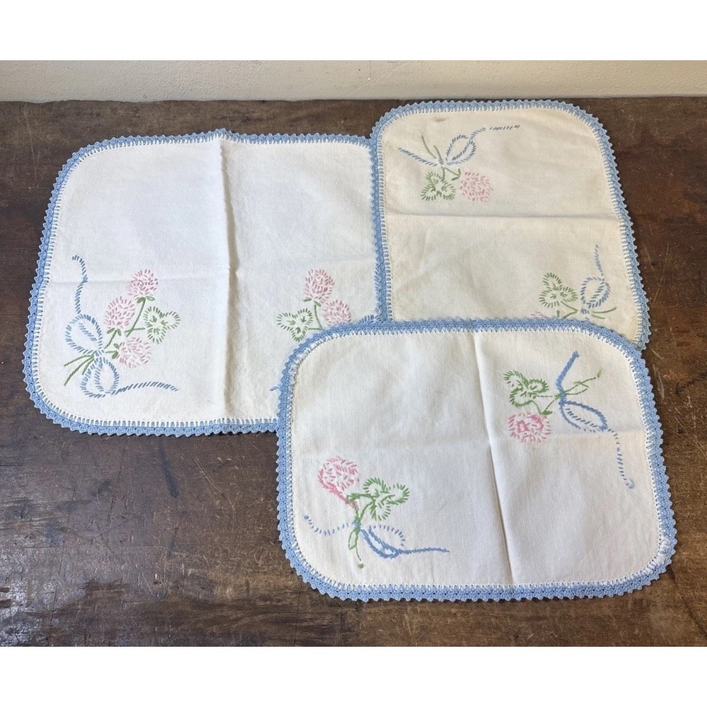Set Hand Embroidered Dresser Set Doily's Crochet Border Blue Pink Flowers